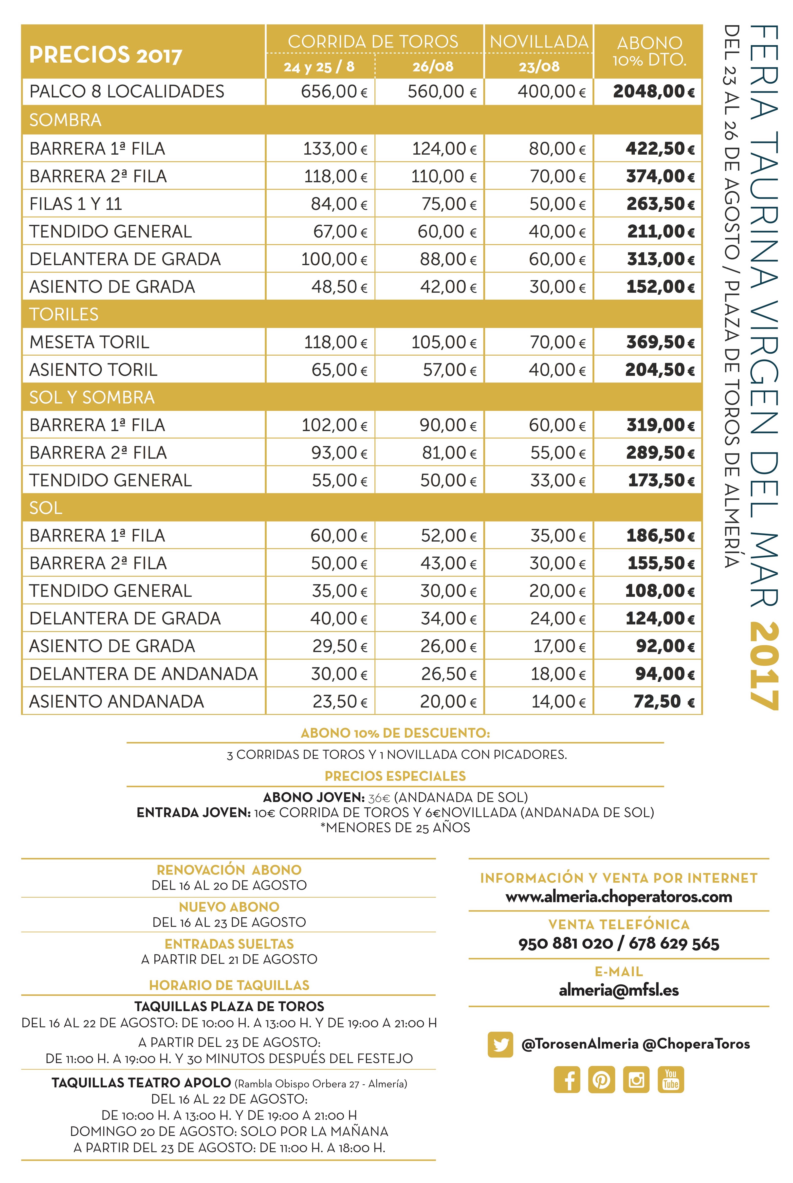 Precios Tabla ALmeria toros 2017